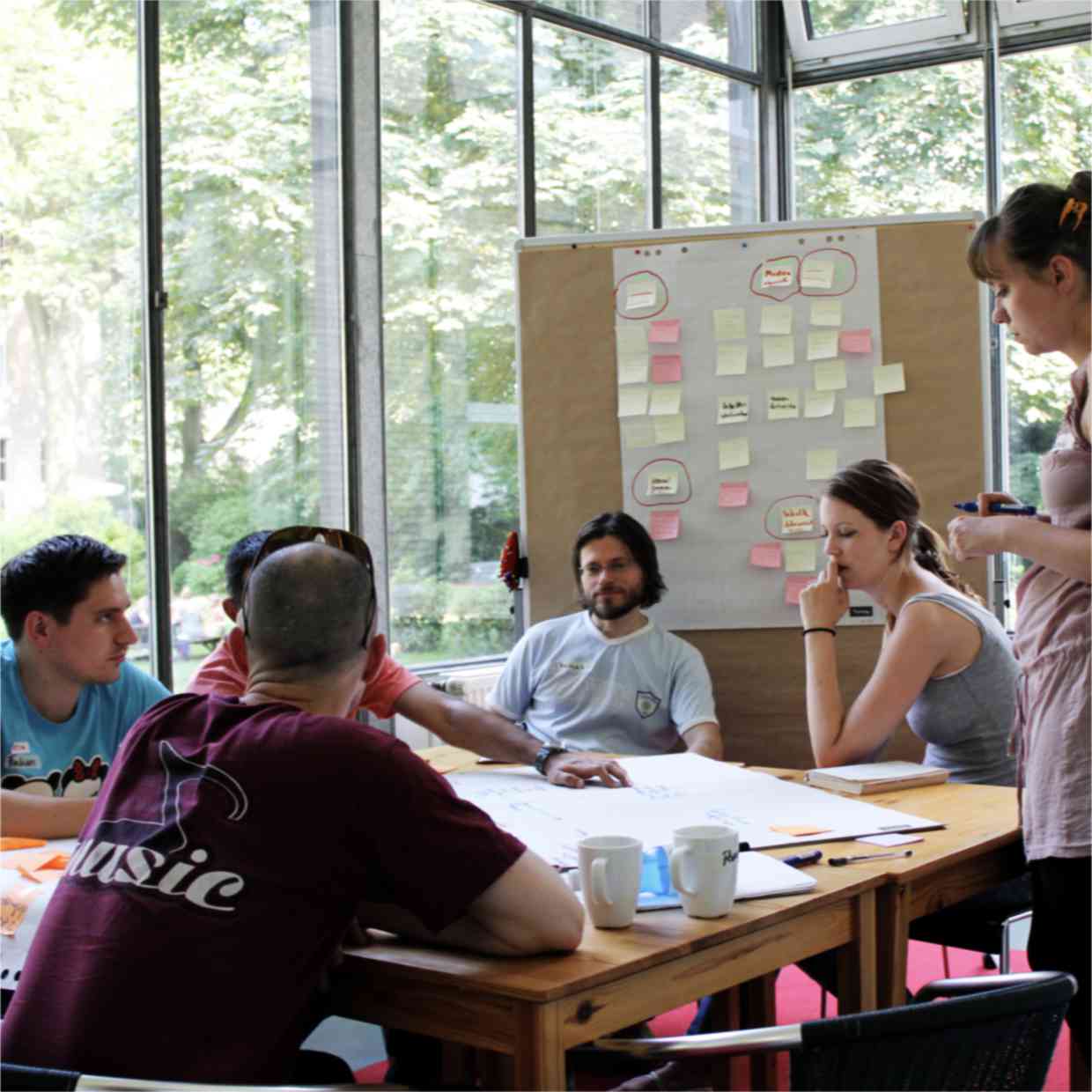 Workshop "Hidden Tracks": Eine Gruppe Studierender vor einem Flipchart an einem Tisch
